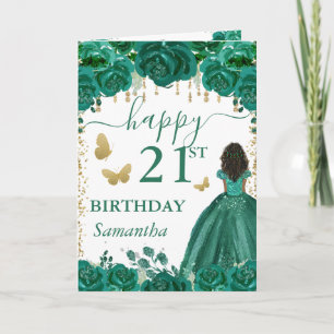 Carte Princesse à peau foncée Robe verte Anniversaire