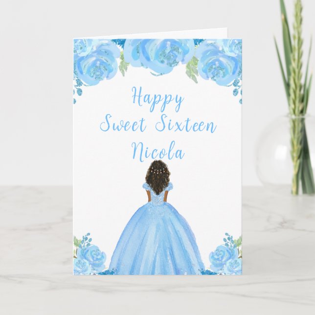 Carte Princesse à peau foncée Sweet sixteen bleu clair (Devant)