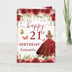 Carte Princesse aux Cheveux Blonds en Robe Rouge Anniver