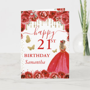 Carte Princesse aux Cheveux Blonds en Robe Rouge Anniver