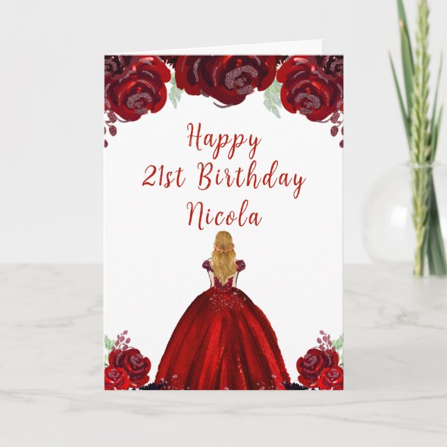 Carte Princesse aux Cheveux Blonds Fleurs Rouges Florale (Devant)