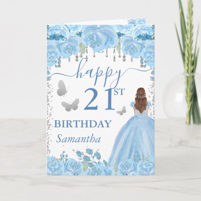 Carte Princesse aux Cheveux Roux Robe Bleue Anniversaire (Devant)