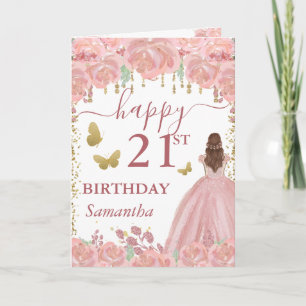 Carte Princesse aux Cheveux Roux Robe Or Rose Anniversai
