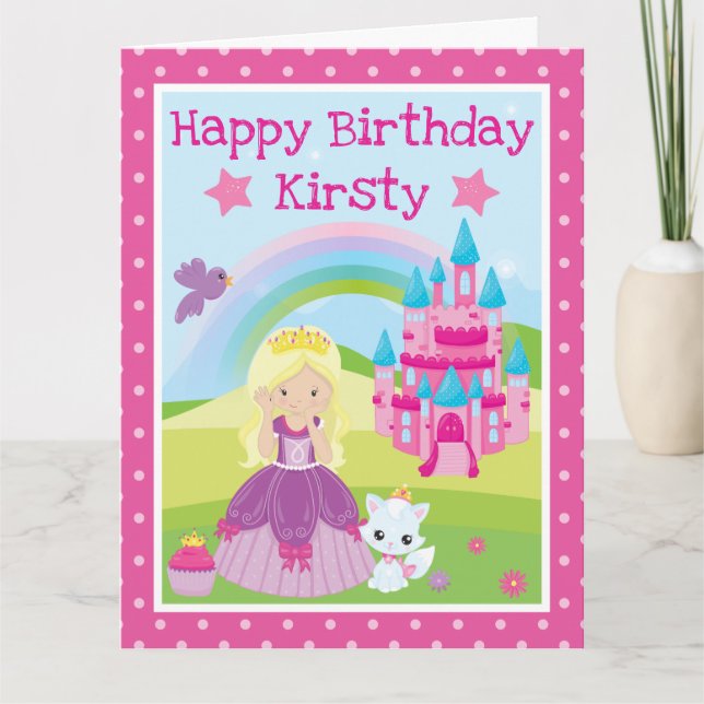 Carte Princesse Blonde avec château et anniversaire arc- (Devant)