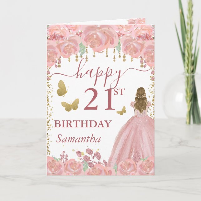 Carte Princesse blonde robe or rose anniversaire (Devant)