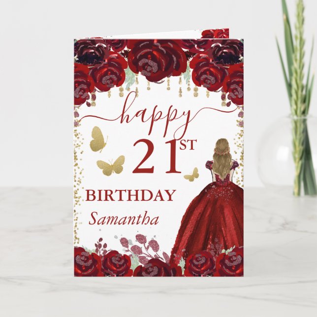 Carte Princesse blonde robe rouge anniversaire (Devant)
