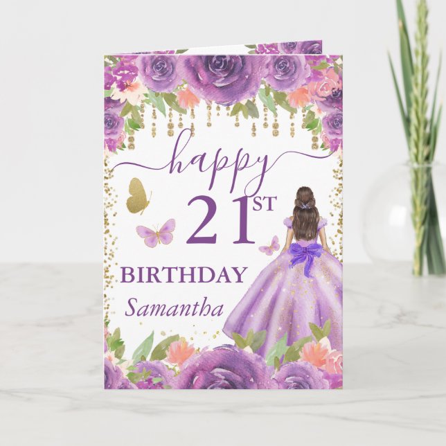 Carte Princesse Brune Anniversaire Robe Violette (Devant)