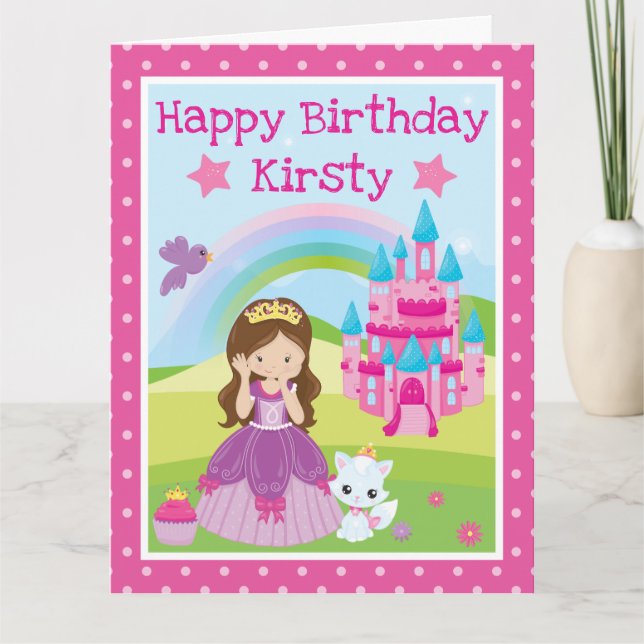 Carte Princesse brune avec château et anniversaire arc-e (Devant)