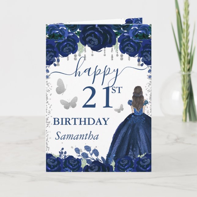 Carte Princesse Brune Robe Bleu Marine Anniversaire (Devant)