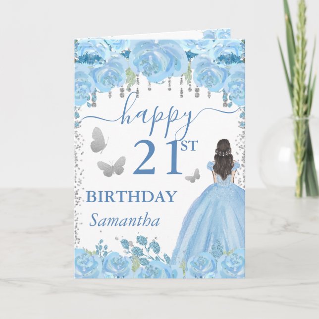 Carte Princesse Brune Robe Bleue Anniversaire (Devant)