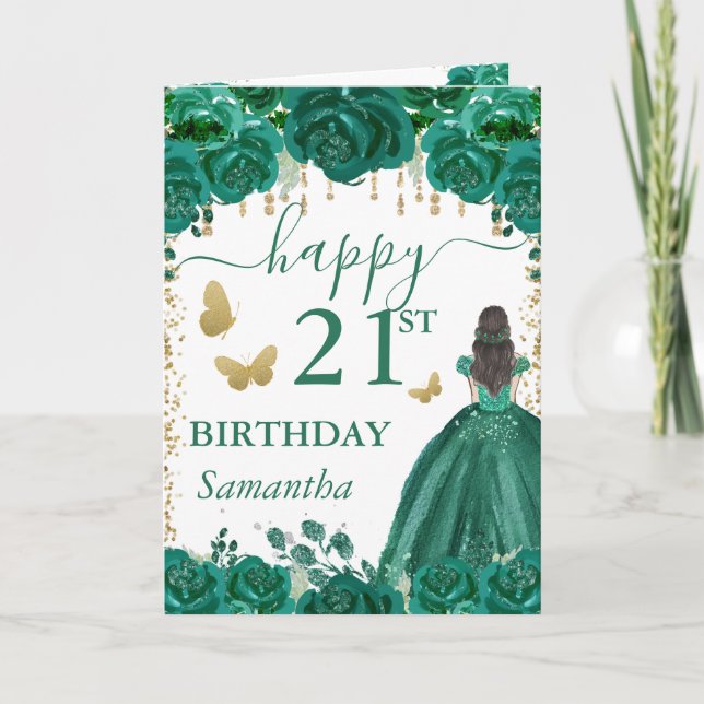 Carte Princesse Brune Robe Verte Anniversaire (Devant)