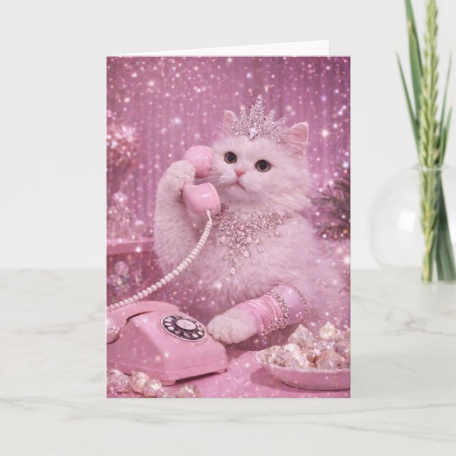 Carte Princesse Chat Glamour Utilisant le Téléphone (Devant)