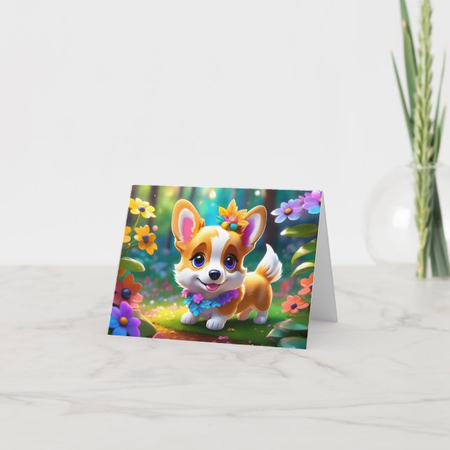 Carte Princesse Corgi Chiot avec Fleurs Blank Greeting (Devant)