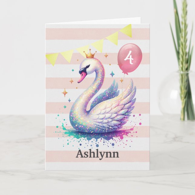 Carte Princesse cygne rose et or 4ème anniversaire (Devant)