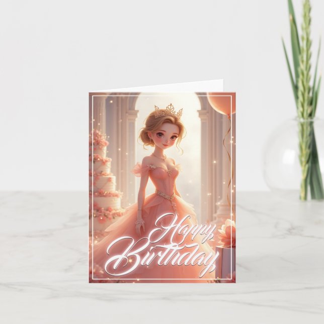 Carte Princesse d'anniversaire dans une robe rose rêveus (Devant)