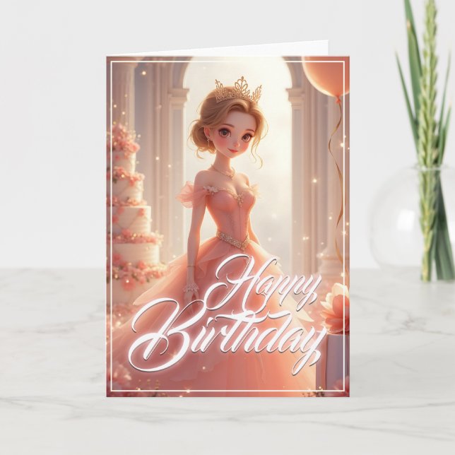 Carte Princesse d'anniversaire dans une robe rose rêveus (Devant)