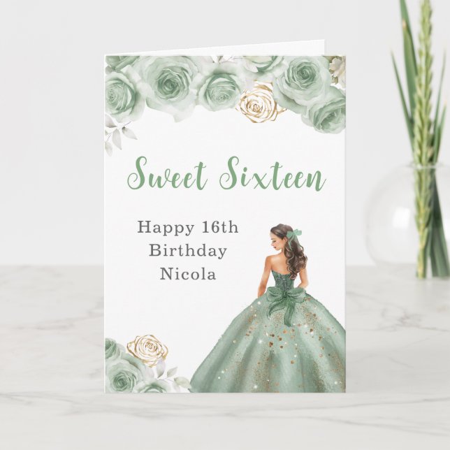 Carte Princesse dans une robe verte Sweet 16 Anniversair (Devant)