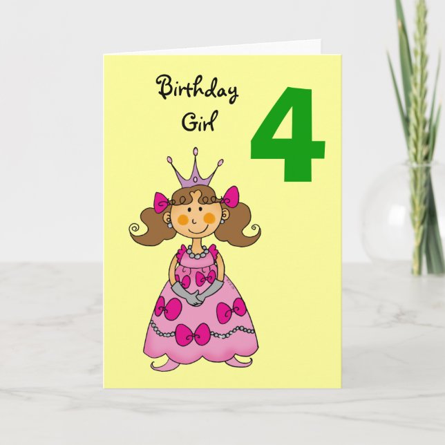 Carte princesse de 4 ans (cheveux bruns) (Devant)