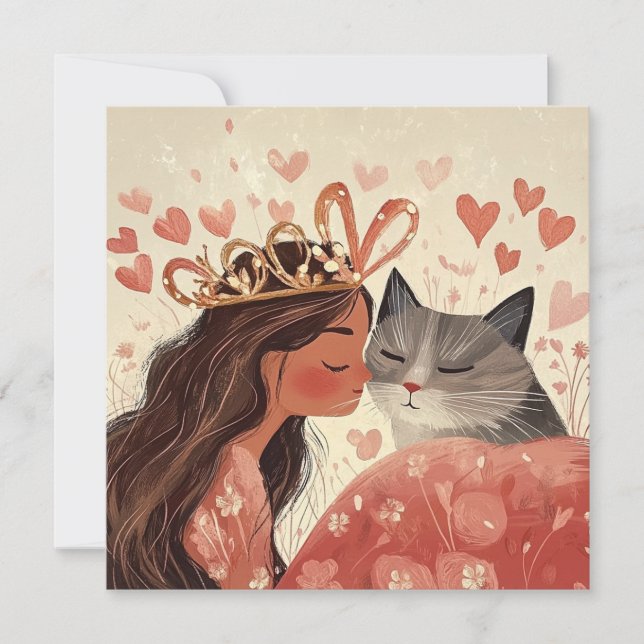 Carte princesse de la Saint-Valentin & son chaton (Devant)