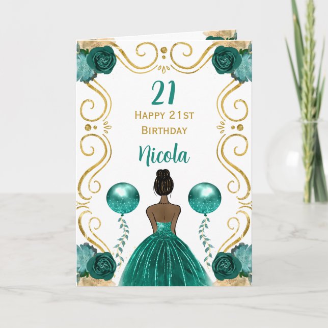Carte Princesse de peau foncée Turquoise Joyeux annivers (Devant)