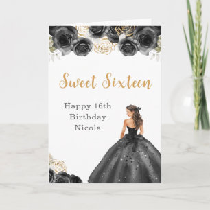 Carte Princesse en Robe Noire Sweet sixteen Anniversaire