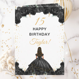 Carte Princesse Noire Floral Joyeux Anniversaire