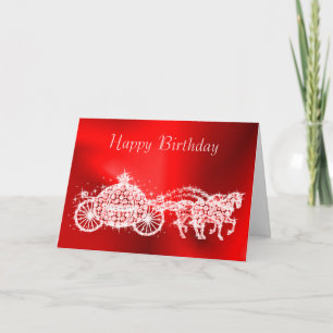 Carte Princesse Pailletée Rouge Carrosse & Chevaux Anniv