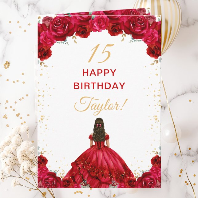 Carte Princesse Rouge Florale Joyeux Anniversaire (Créateur téléchargé)