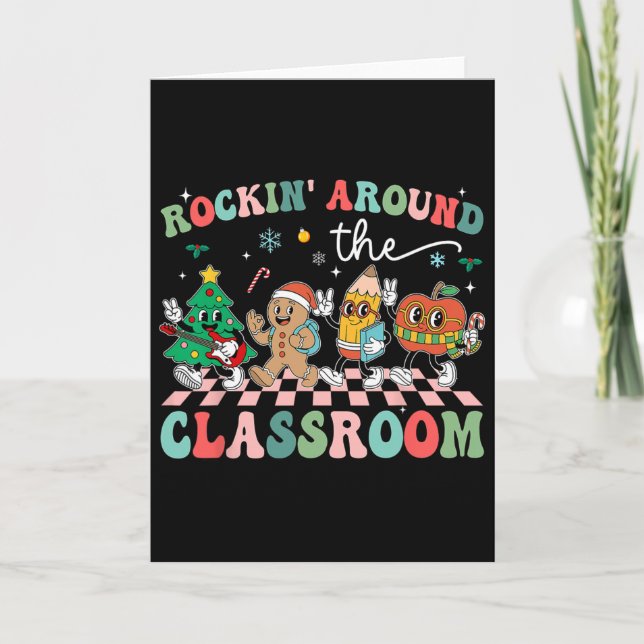 Carte Prof enseignant rétro groovy Noël Rockin' Around T (Devant)
