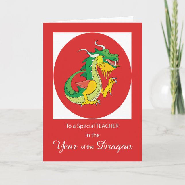 Carte Professeur chinois Nouvel An du Dragon sur Rouge (Devant)