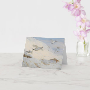 Carte Ptarmigan en plumage hivernal, volant à travers la