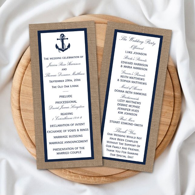 Carte Publicitaire Ancre De La Marine Sur Burlap Beach Wedding Progra (Créateur téléchargé)