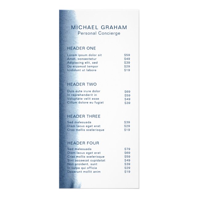 Carte Publicitaire Aquarelle moderne Elégant Marine Blue Tarifs (Devant)