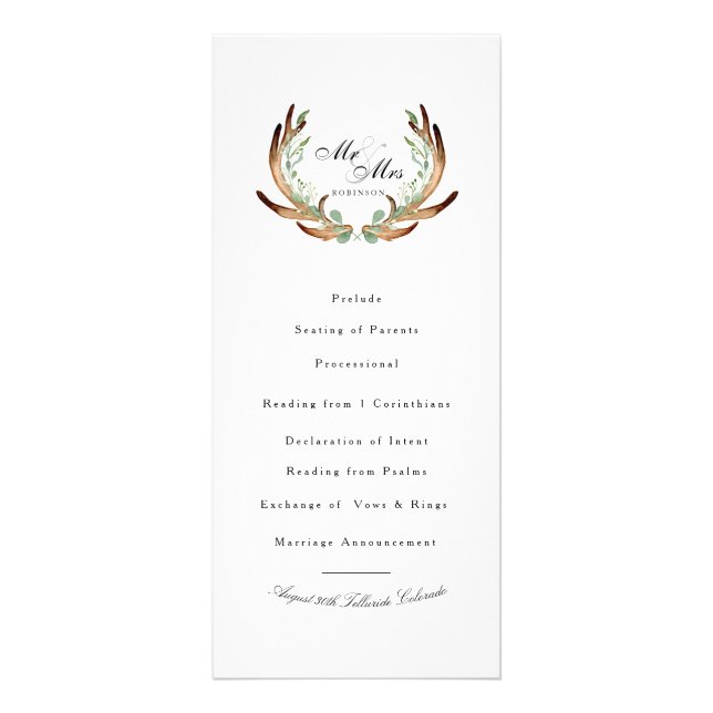 Carte Publicitaire Aquarelle rustique Antler & Greenery | MARIAGE (Devant)