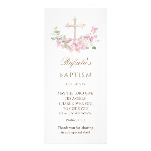 Carte Publicitaire Baptême Fille Croix Florale Rose
