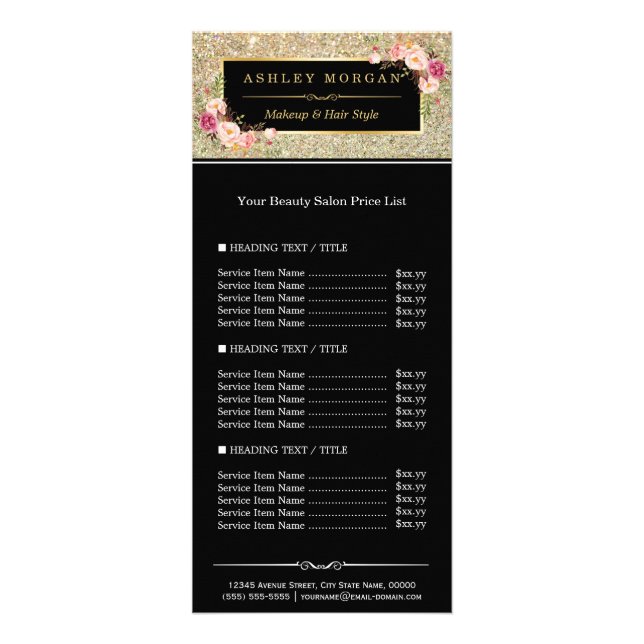 Carte Publicitaire Beauty Salon Gold Parties scintillant Fleurs Tarif (Devant)
