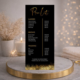 Carte Publicitaire Black & Gold Lash Tech Price List | Luxury Beauty 