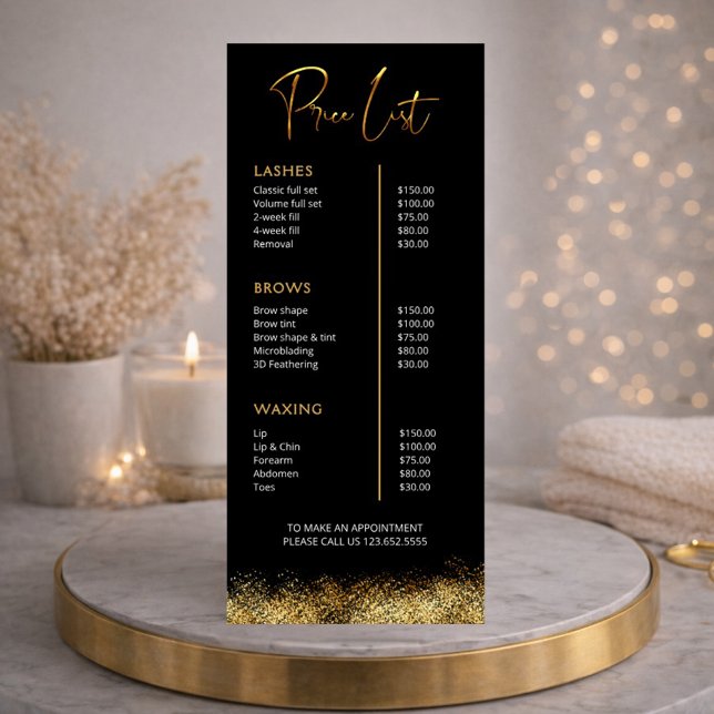Carte Publicitaire Black & Gold Lash Tech Price List | Luxury Beauty  (Créateur téléchargé)