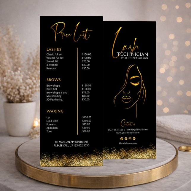 Carte Publicitaire Black & Gold Lash Tech Price List | Luxury Beauty  (Créateur téléchargé)