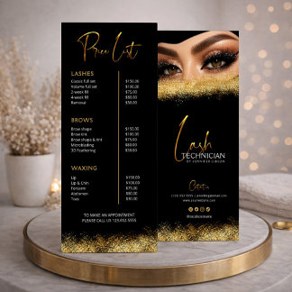 Carte Publicitaire Black & Gold Lash Tech Price List | Luxury Beauty 