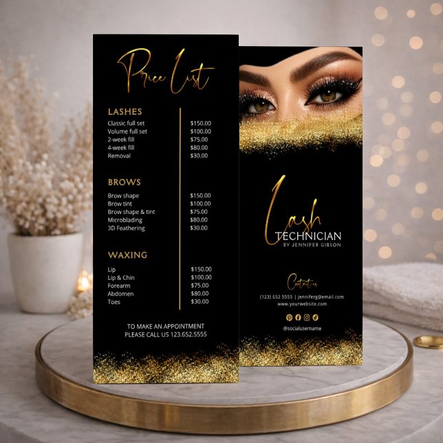 Carte Publicitaire Black & Gold Lash Tech Price List | Luxury Beauty  (Créateur téléchargé)