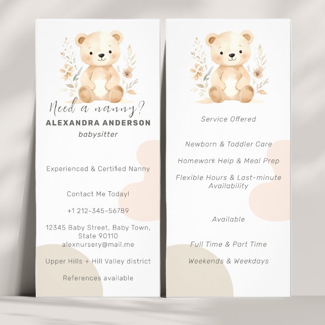 Carte Publicitaire Boho Watercolor Bear Babysitter Service (Boho Watercolor Bear Babysitter Service Rack Card)