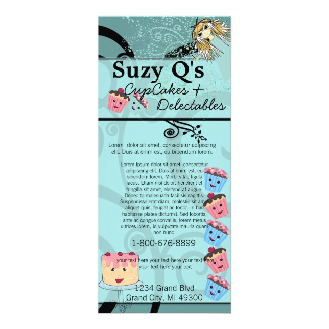 Carte Publicitaire Boulangerie Cupcake Aqua Blue Swirled Rack Card (Devant)