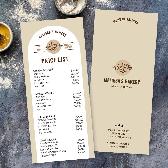 Carte Publicitaire Boulangerie de pain beige moderne Tarifs (Neutral beige food menu price list for bakery featuring modern arch design and bold typography)