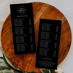 Carte Publicitaire Chic Black Typographie Logo Liste des prix profess