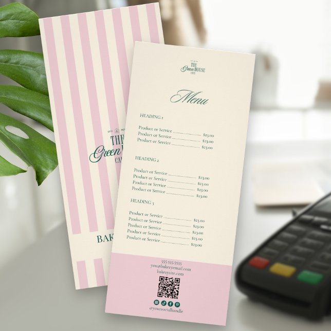 Carte Publicitaire Chic Pink Stripes Green Bakery Logo QR Price (Créateur téléchargé)