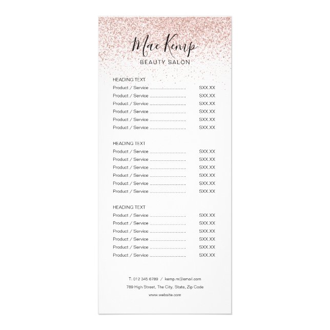 Carte Publicitaire Chic Script Rose Gold Parties scintillant Salon Se (Devant)