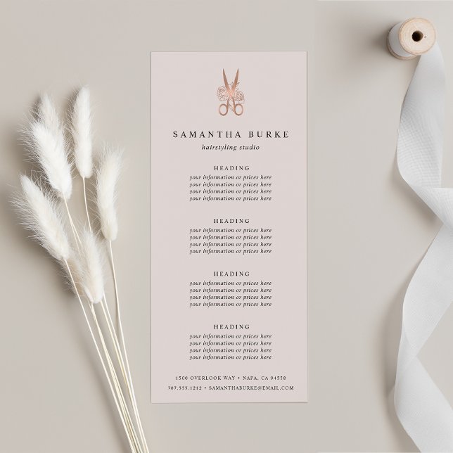 Carte Publicitaire Ciseaux or rose | Tarifs ou services de salons (Créateur téléchargé)