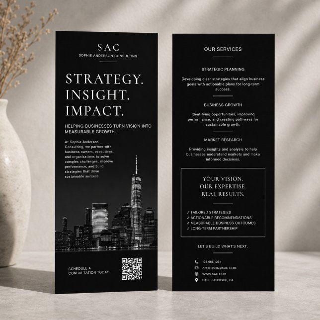 Carte Publicitaire Code QR noir moderne Consultant professionnel (Modern Black QR Code Professional Consultant Rack Card)