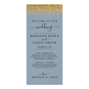 Carte Publicitaire Dusty Blue & Gold Parties scintillant Wedding Prog